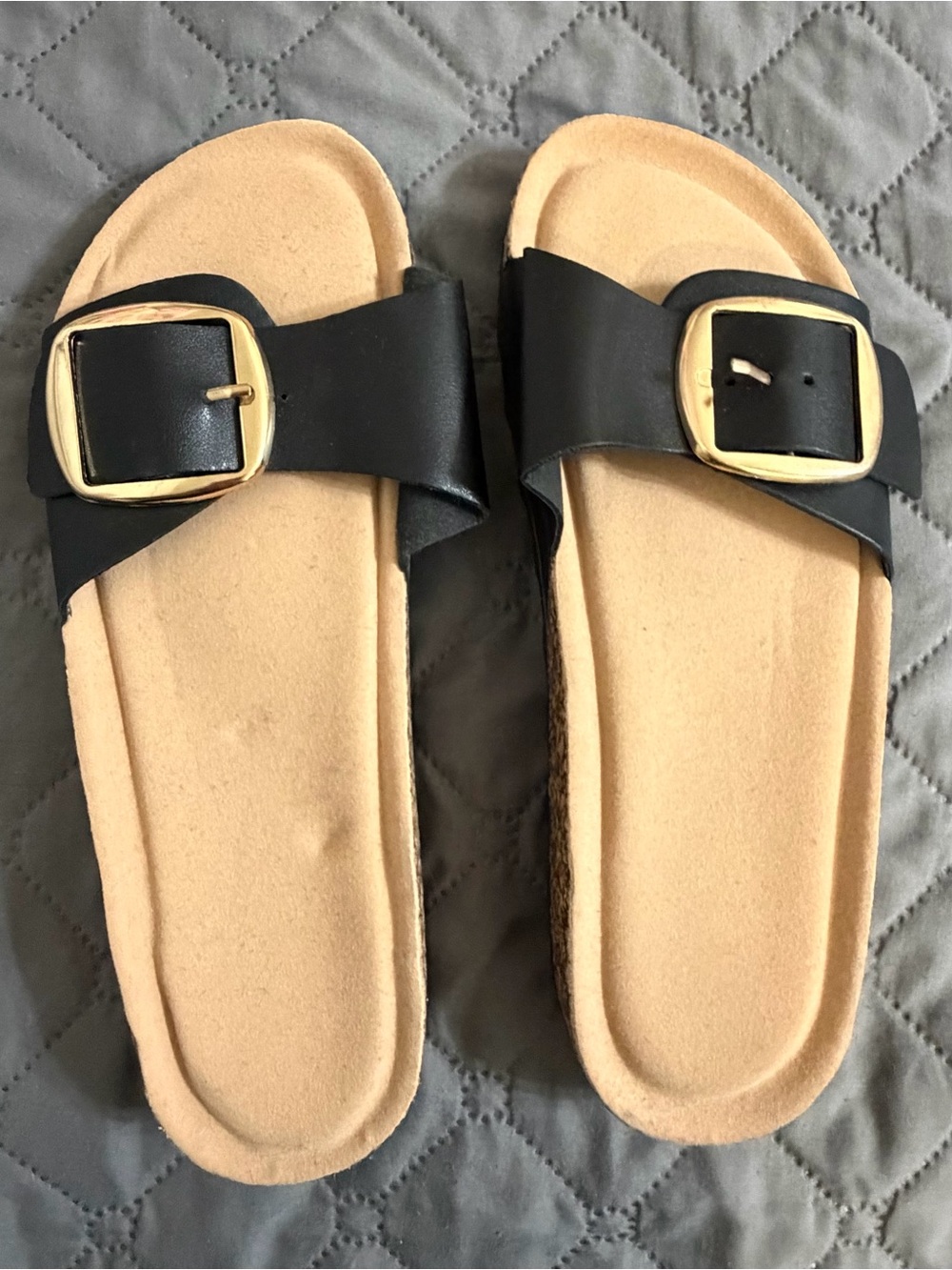 Amazon Black Slide Sandals with Gold Buckle for Women